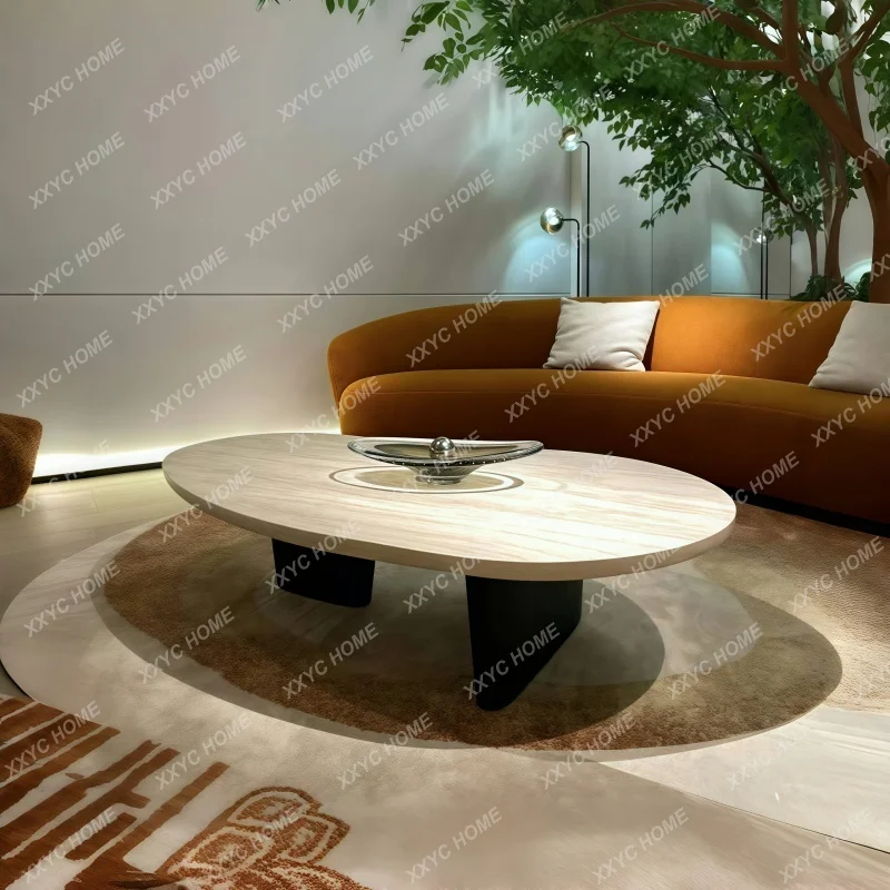 

L Wabi Sand wind travertine rock slab coffee table living room-style home, small apartment, light luxury and high-end sense