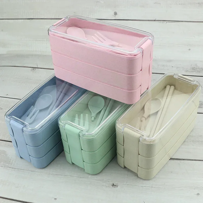 900ml 3 Layers Bento Box Eco-Friendly Lunch Box Food Container Wheat Straw Material Microwavable Dinnerware Lunchbox