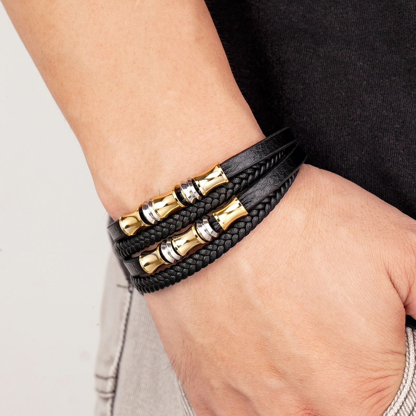 YAN MIN Stainless Steel Bracelet Men Wrist Band Black Woven Leather Rope Punk Bracelet Wristband Stylish Casual Jewelry
