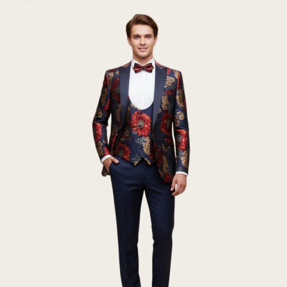 

Mophiel Prom Men's Suits 3 Pieces Peaked Lapel Luxury Flora Tuxedo for Wedding Formal Business Party Blazer Jacket+Vest+Pants