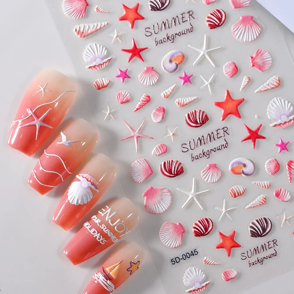 1Pcs 5D Kawaii Nail Decals Starfish/Shell Beach Embossed Reliefs Self-Adhesive Nail Sticker Ocean Summer Shell Nail Sticker ﻿