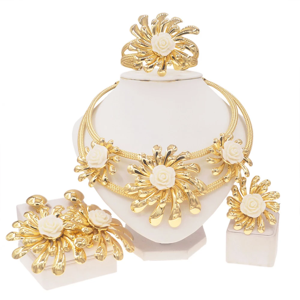 White Rose Flower Statement Jewellery Set 4Pcs Dubai Gold Chunky Chain Necklace Earrings Bracelet Ring Wedding Ornaments
