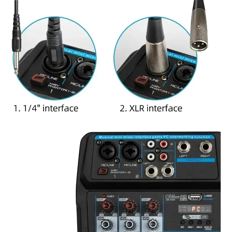 Mini 6 4-kanaals professionele draagbare mixer Sound Mixing Console Computeringang 48v Vermogensnummer Live DJ-uitzending Audio opnemen