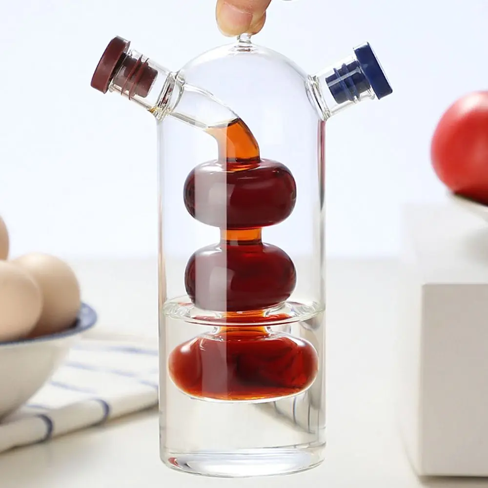 Easy To Clean Glass Oil Dispenser Creative Transparent Condiment Container Double Layer 2-in-1 Vinegar Bottle Kitchen