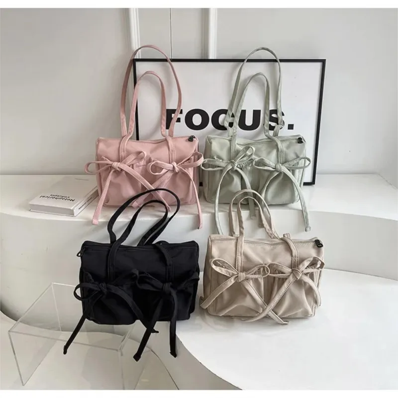 2024 New Bow Nylon Shoulder Bags Women Fashion Korean Large Capacity Lightweight Commuter Handbags Simple Casual Solid Tote Bags