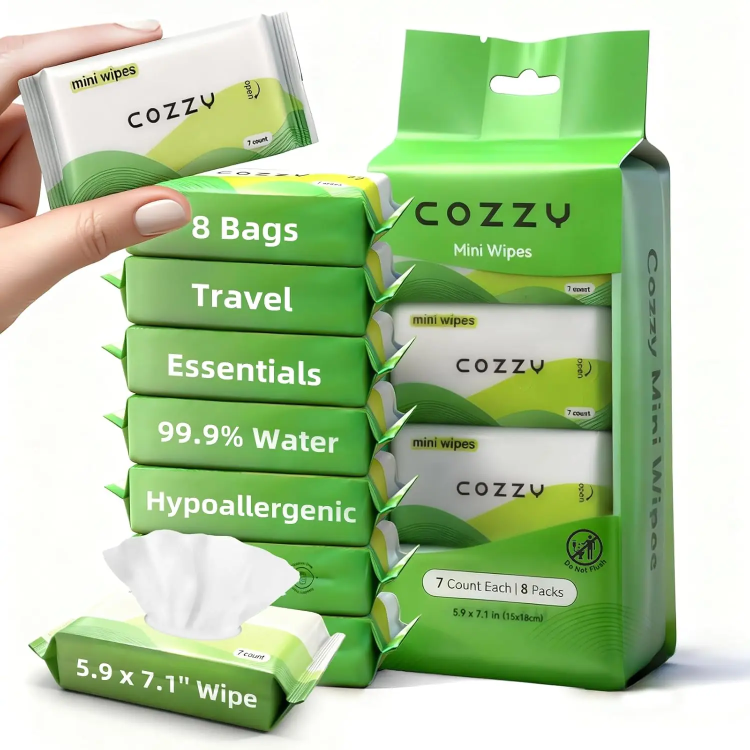 

Ultra-Compact Mini Travel Wipes - Gentle & Skin-Friendly, Unscented, Alcohol-Free - 8 Packs (56 Wipes)