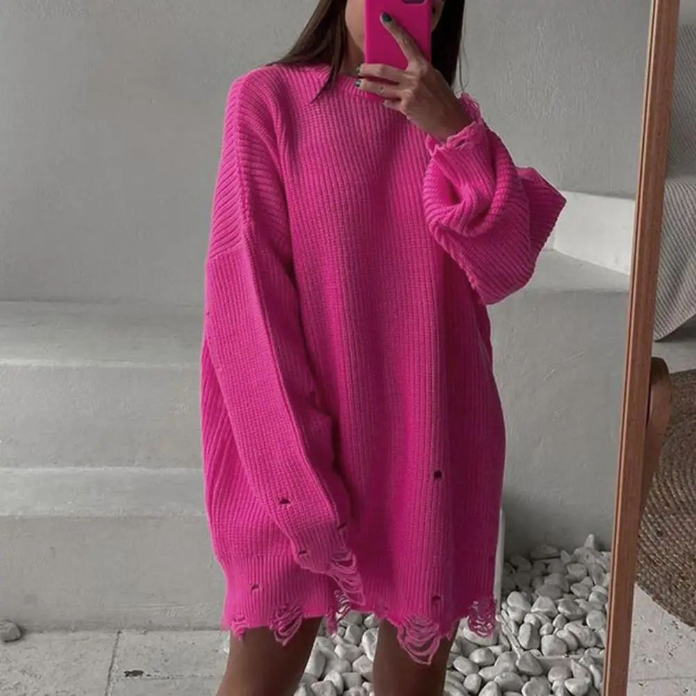 Women Sweater Sweater Women’s Soft Knitted Sweater Three-dimensional Tailoring Loose Fit Top O-neck Long Sleeve Mid-length