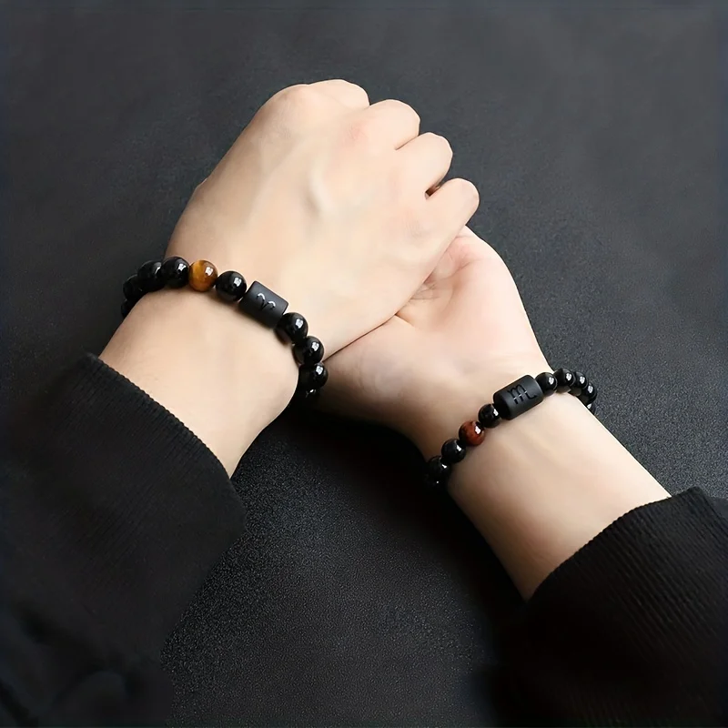 Hot Sale Twelve Constellation Stretch Bracelet Male Simple Obsidian Engraved Couple Beaded Fashion Commuter Bangle Natural Stone