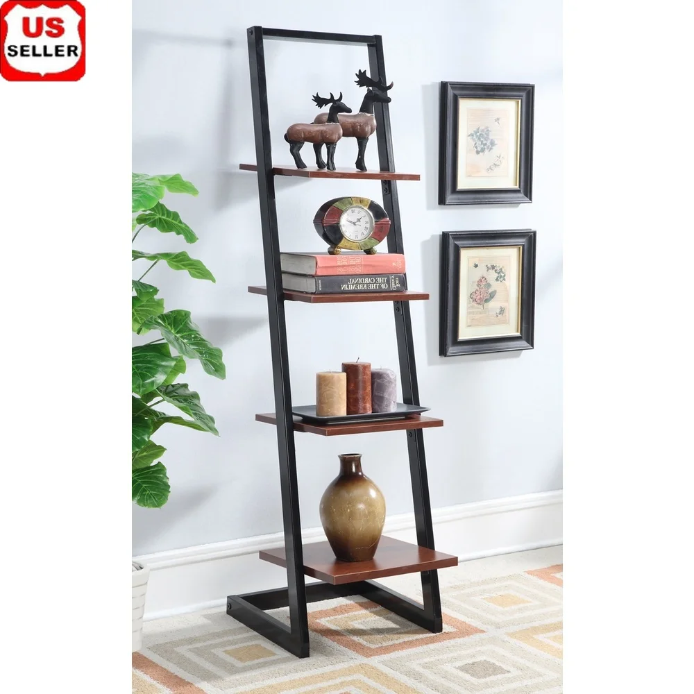 

4 Tier Ladder Bookshelf Open Back Leaning Bookcase Sturdy Metal Frame Storage Organizer Home Office Dorm Display Shelves