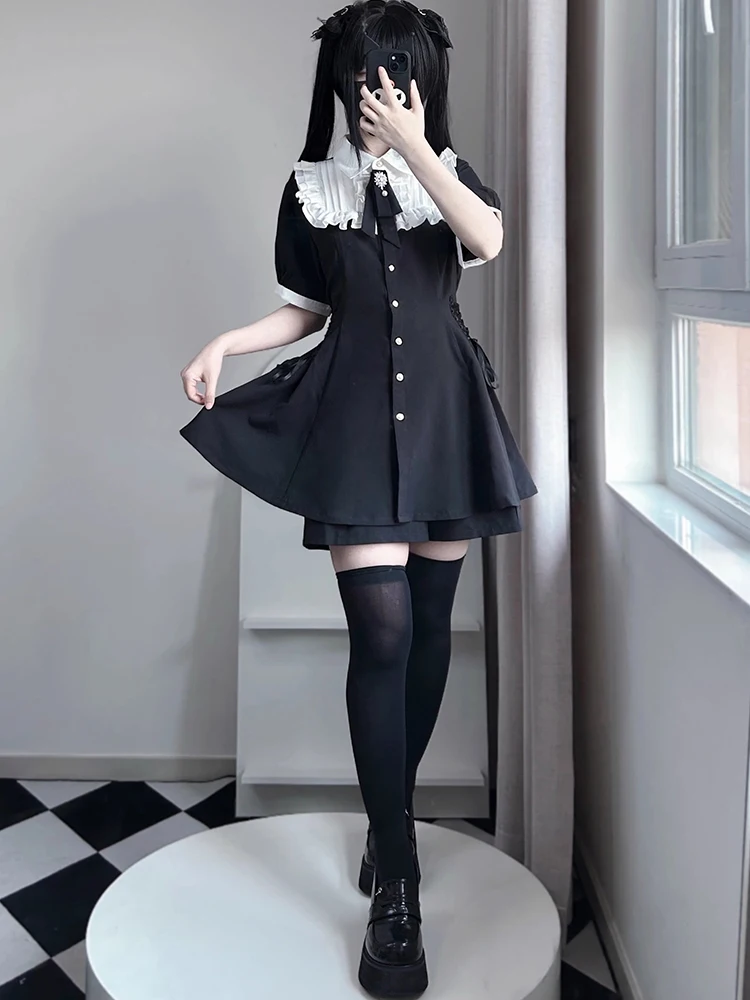 Japanese Preppy Style JK Uniform Ruffled Doll Collar Short Sleeve Side Double Lace-up High Waist Slim A-Line Dress Women Summer