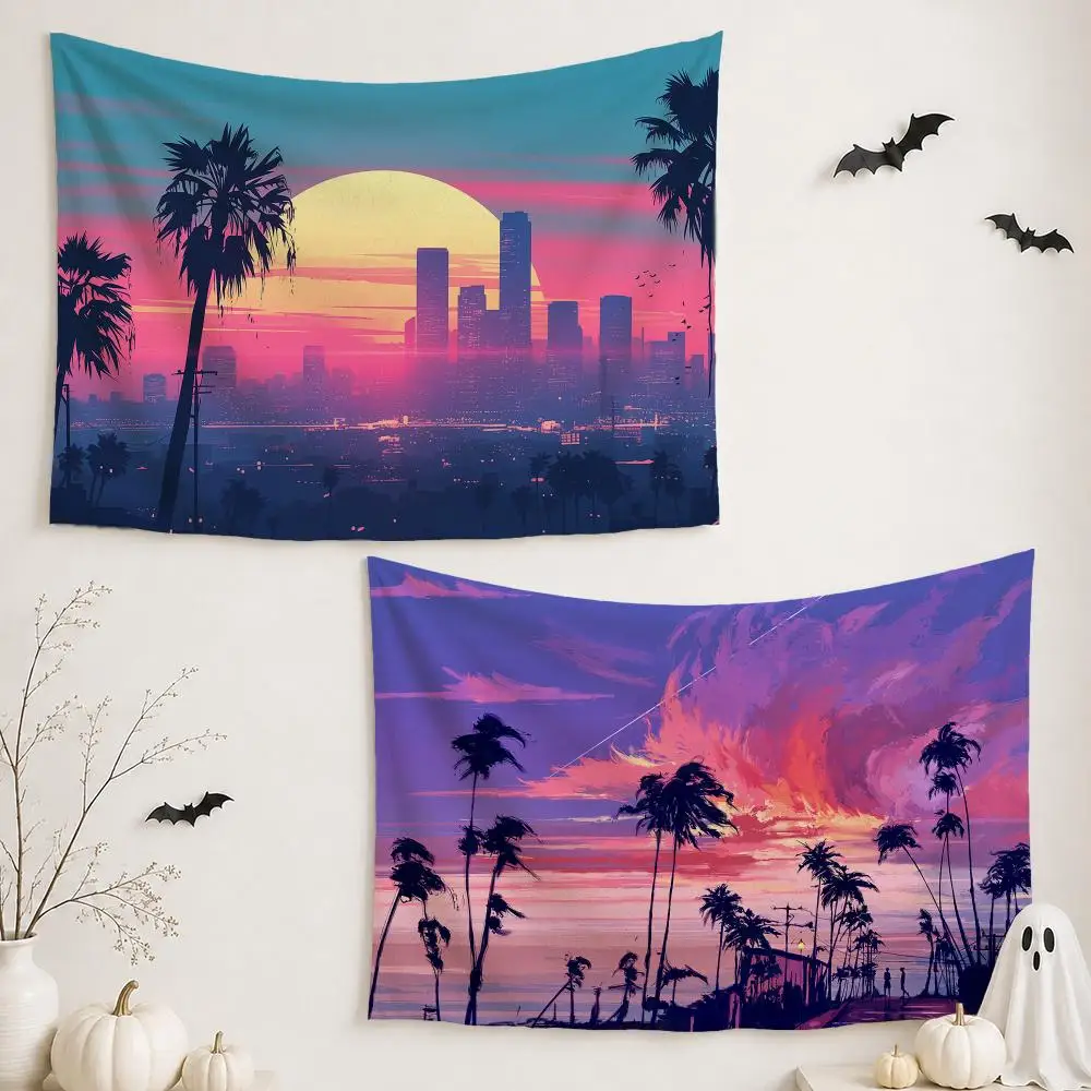 Sunset Palm Tree Tapestry Custom Living Bedroom Party Dormitory interior Wall bohemian Decoration Attached clip