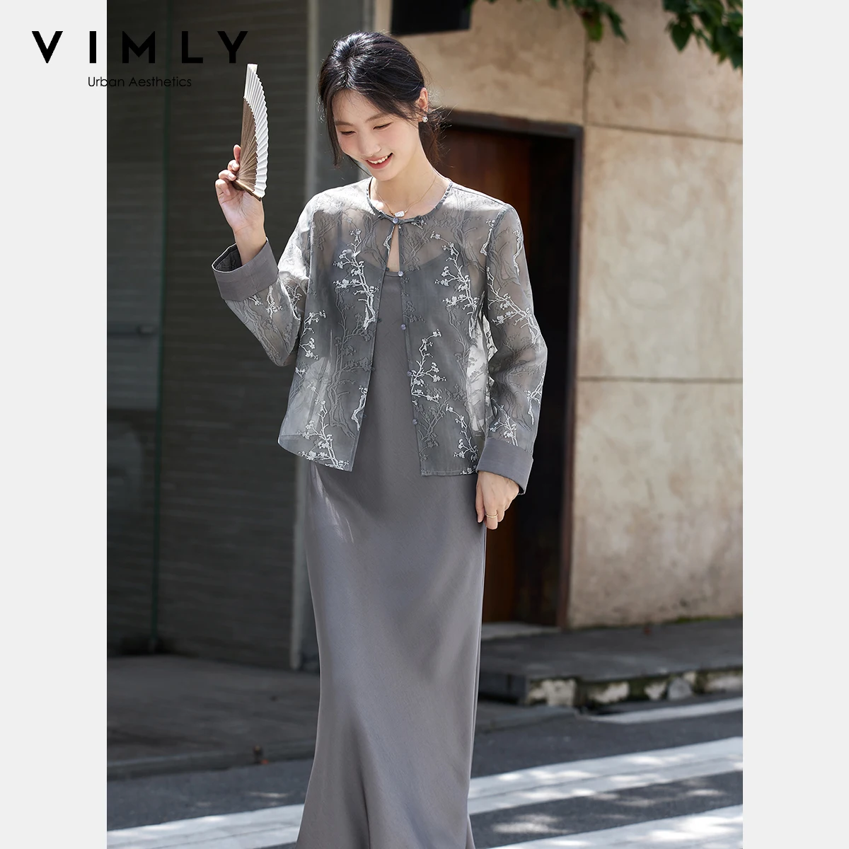 VIMLY 女性のツーピースドレス中国風花刺繍コートロングサスペンダーサテンドレス 2025 秋の女性セット A2683