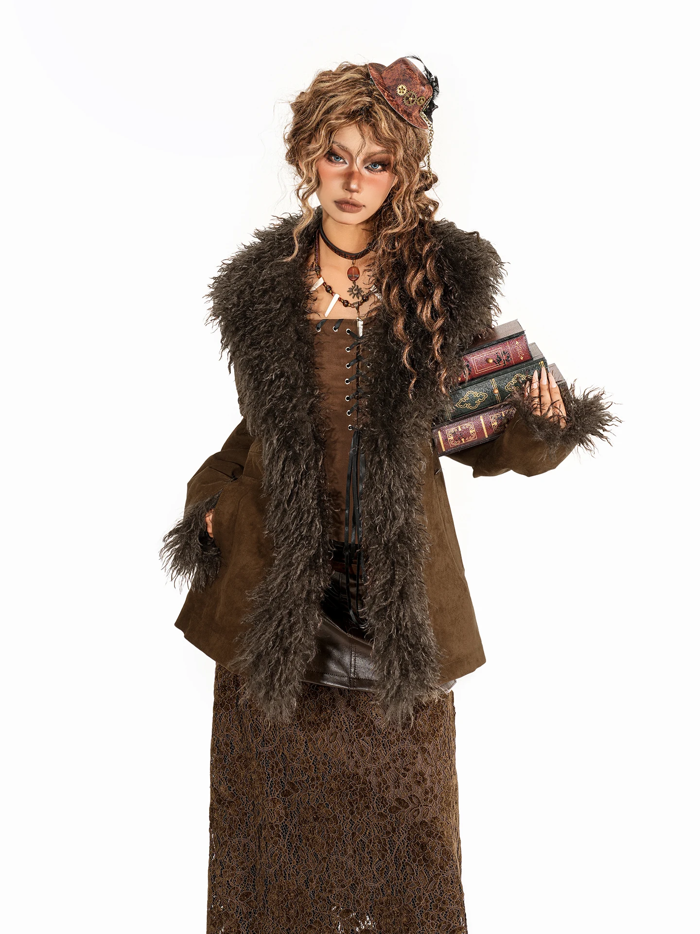 アリエルリンク ヴィンテージ スエード ファーカラー ジャケット レディース エコフレンドリー レザーコート 暖かい スタンダードフィット 長袖 ミドル丈 ボタンアップ