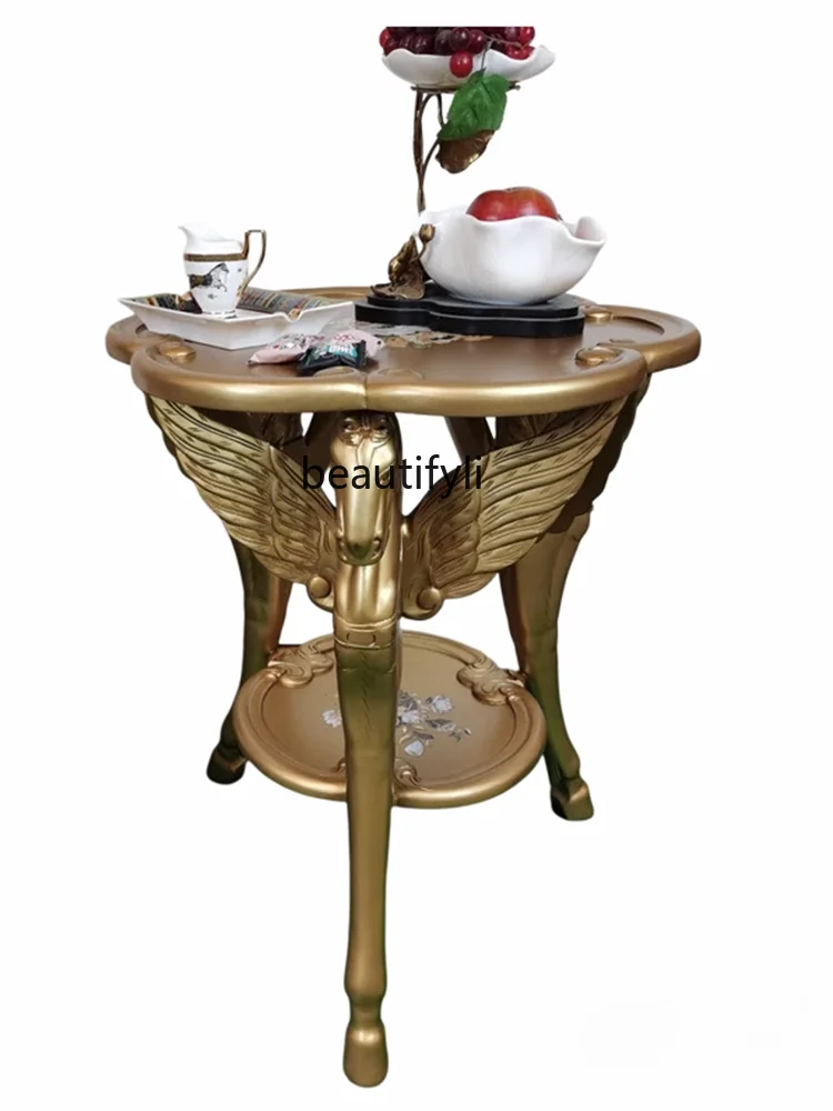 European and American Style Retro Furnishings Mahogany Carved Champagne Gold Decals Side Table Flower Stand