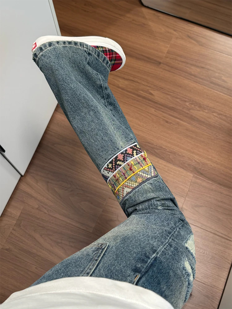 

Retro American Sle Men's Embroidered Waed Denim Jeans Straight Leg Micro Flared Pants Trendy Brand Youthful Wear Resistant
