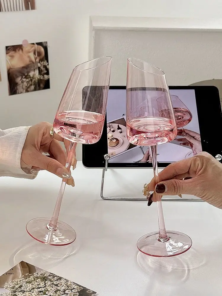 Nordic Pink Bevel Champagne Glasses Red Wine Glasses Home Crystal Glass Pink Angled Goblet Sparkling Wine Dessert Wine Glasses