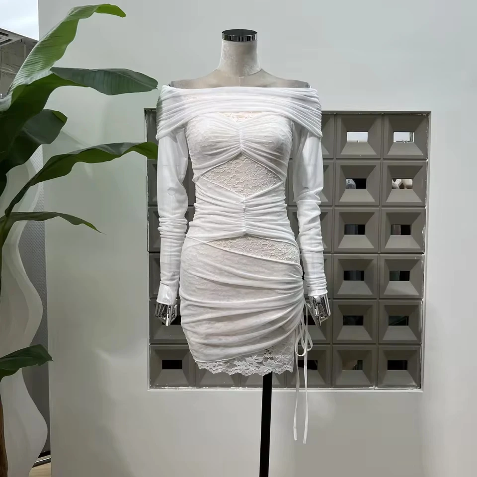

Autumn Spicy Girl Dress Long Sleeve Bodycon Pleated Mini Skirt Elegant Wrinkled Lace One-word Shoulder Elastic Slim Dress