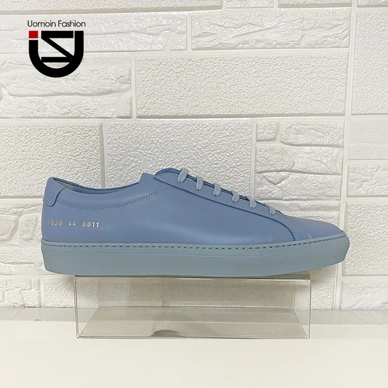 DONNAIN Haze Blue Calfskin Leather Sneakers Low-top Comfort High Quality Casual Couple Flat Shoes Plus Size Rubber Sole