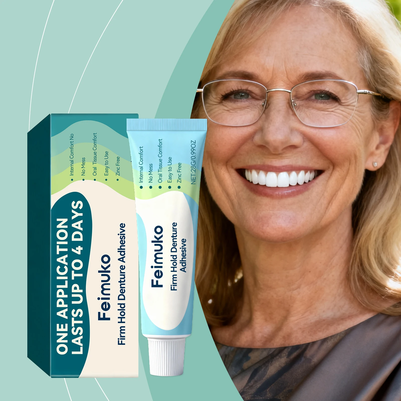 Feimuko Denture Adhesive Fixative Secure Hold Daily Use Easy Apply Gentle Oral Care Dental Adhesive for False Teeth