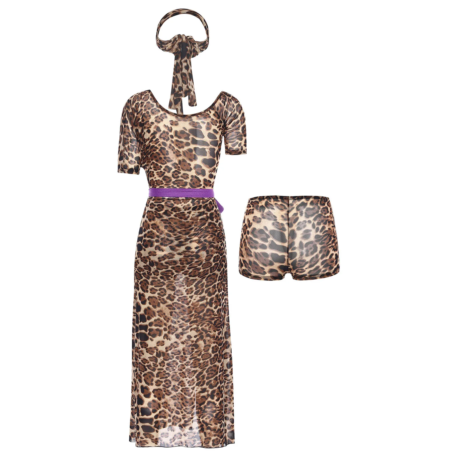

Women Mesh Leopard Print Long Dress Set Short Sleeve Side Split Maxi Dress with Safety Shorts Hip Scarfs Beach Vacation Clothes