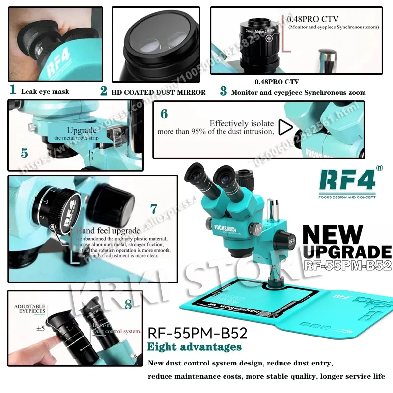 RF4 Dustproof System Stereo Trinocular Microscope 6.5-55X Large-field 4K HDMI USB Camera Phone Soldering PCB Repair RF-55PM-B52