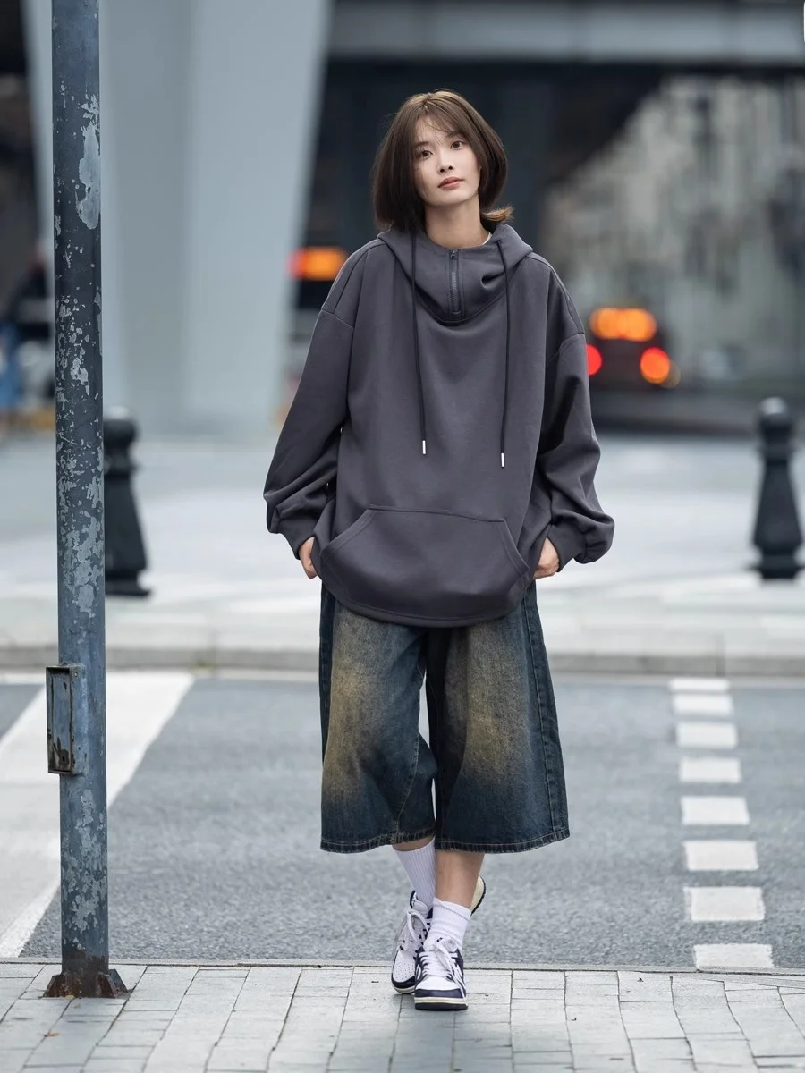 Retro Japanese Sle Hoodie Sweatirt ex Lazy Sle Casual Outerwear with Kangaroo ket Trendy  Color Zipper