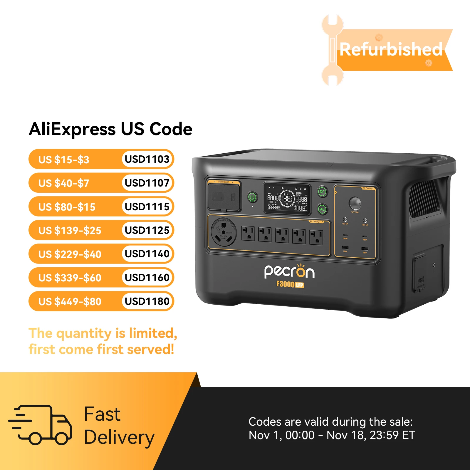Used-Pecron Portable Power Station F3000LFP 3072Wh Solar Generator 3600W LiFePO4 Battery Home Backup For Home Camping RV
