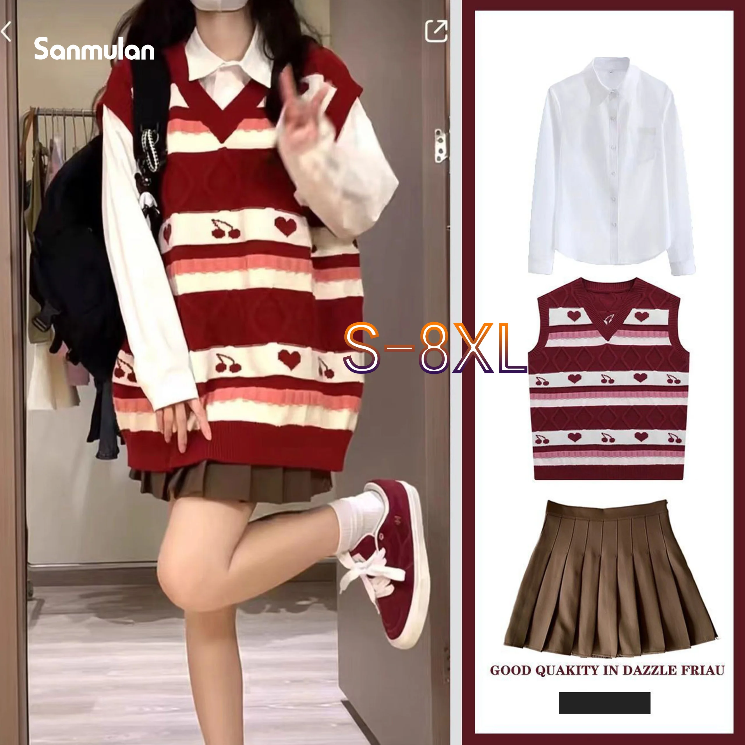 Korean and Japanese Lazy Style S-8XL Red Knitted Vest Female Autumn Top Outer Wear Long Sleeve JK Uniform College Style Woman