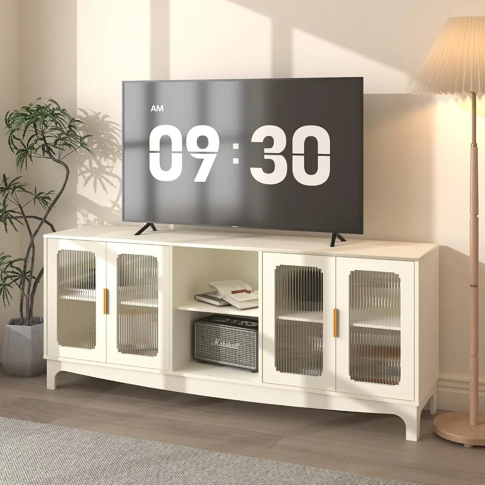 

65 Inch White TV Stand for TVs up to 70+ inch, Mid Century Modern Glass Door TV Console Table, Entertainment Center