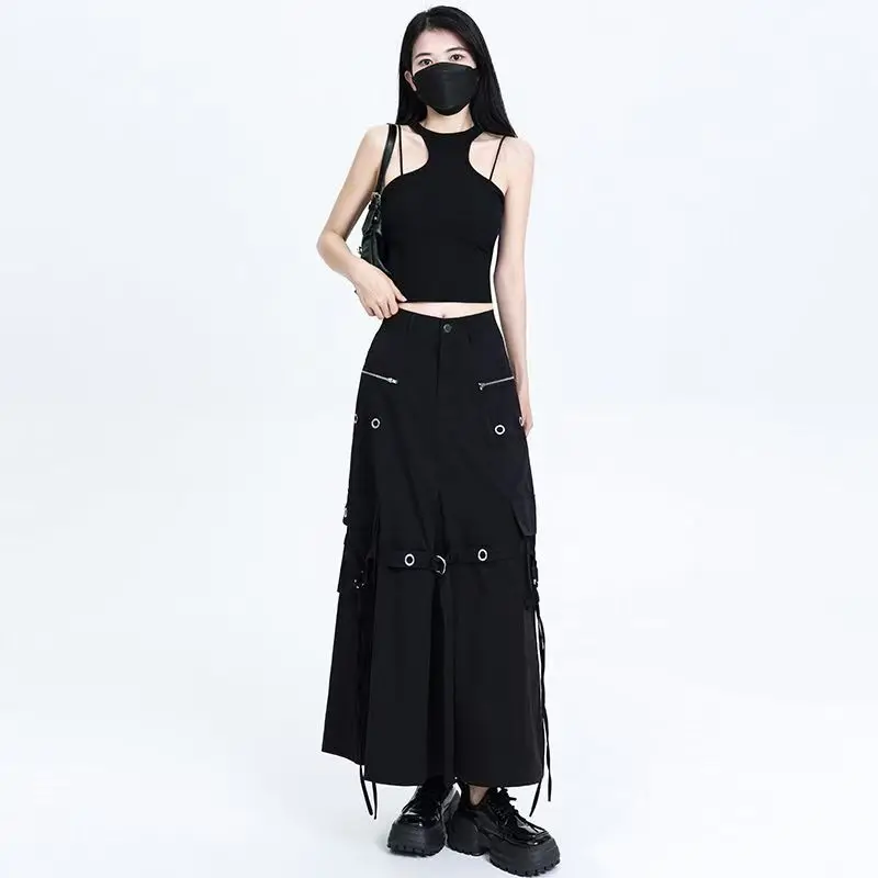 กระโปรงสตรีแนวสตรีทแวร์พังก์อเมริกัน สีดำเข้ม แฟชั่นปี 2025 สไตล์ลำลองใหม่ กระโปรงเอวสูงวินเทจทรงหลวมสำหรับผู้หญิง Y2k