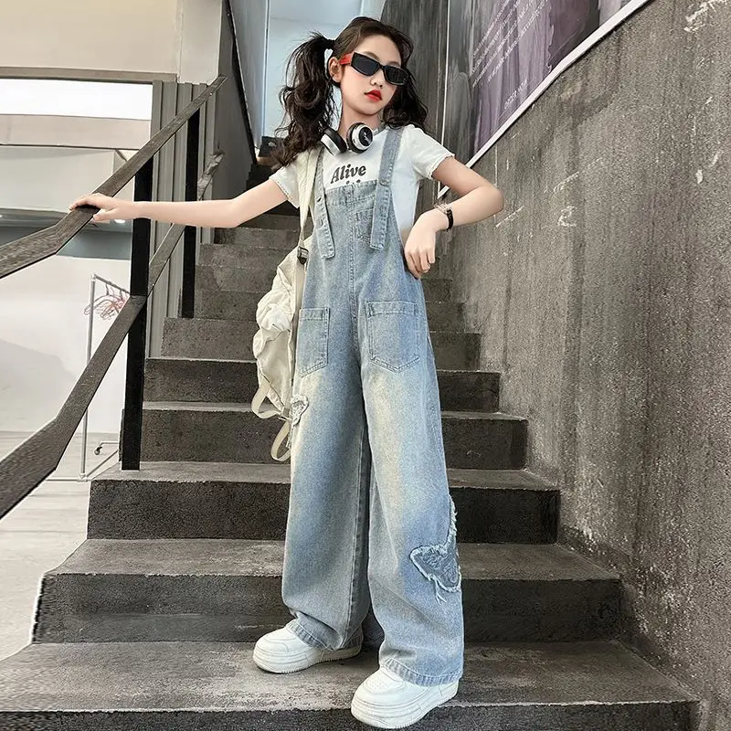 New Girls' Overalls Spring Autumn Children's Denim Overalls Casual Jeans Girls' Fashionable Bow Decoration Straight Leg Pants