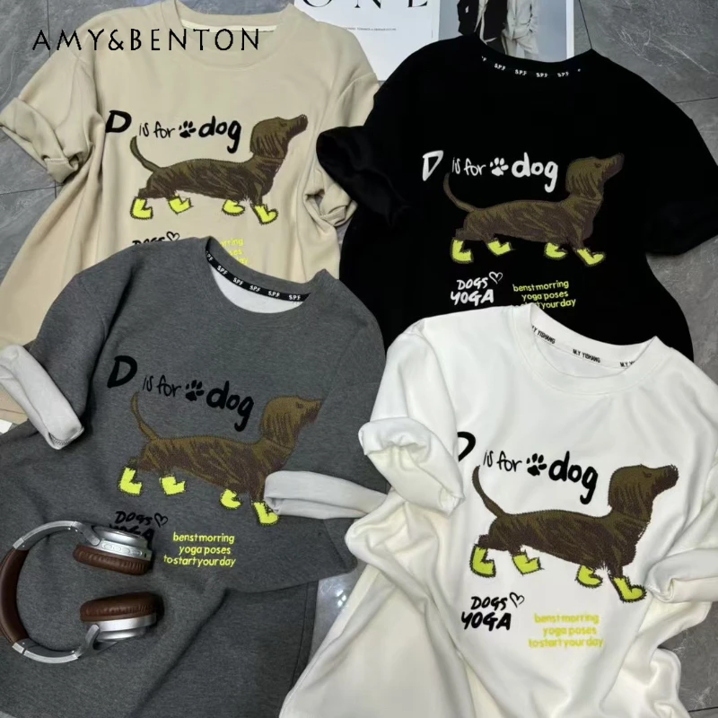 

2024 Autumn New Cartoon Printing Crew Neck Short-sleeved T-shirt Women's Loose And Thin Versatile Top O-neck White Tees Pullover