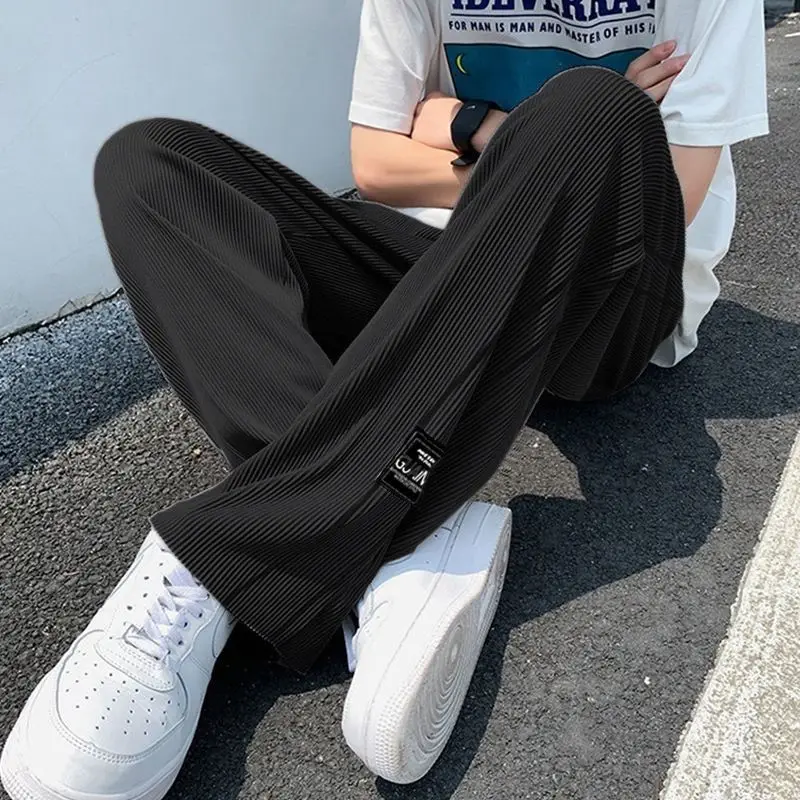 

Эластичные однотонные повседневные спортивные брюки с высокой талией и карманами на шнурке для мужчин, прямые модные свободные брюки с девятью точками