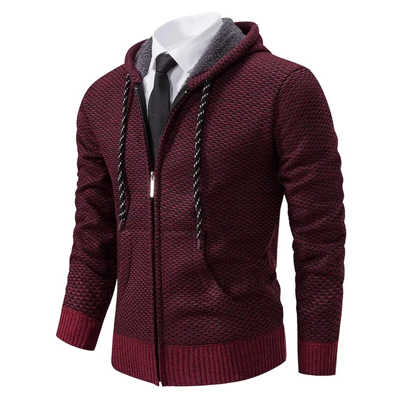 Winter Men's Fleece Cardigan Hooded Kintted Sweatercoat Men Business Casual Warm Solid Color Knitting  Jackets Zipper Cardigan