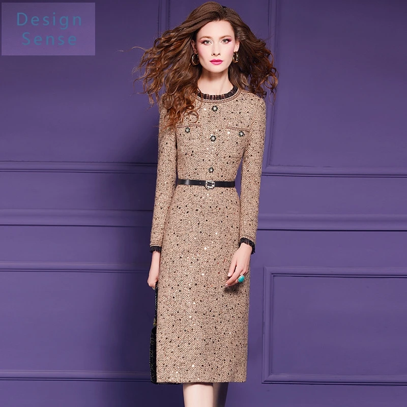 

High Quality Women's Commuting Wear Sequined Tweed Dress Winter Retro High-End Thickened Midi