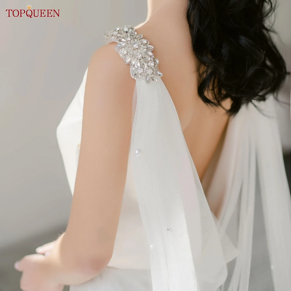 TOPQUEEN G64 ślubne długie welony ślubne bolerko kurtka Trailing Pearl Cape Veil katedra długie Bridal Wrap z koralikami szpilki