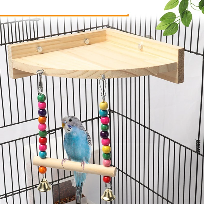 Bird Swing Toy Wooden Parrot Perch Stand Playstand with Chewing Beads Cage Playground for Budgie Birds