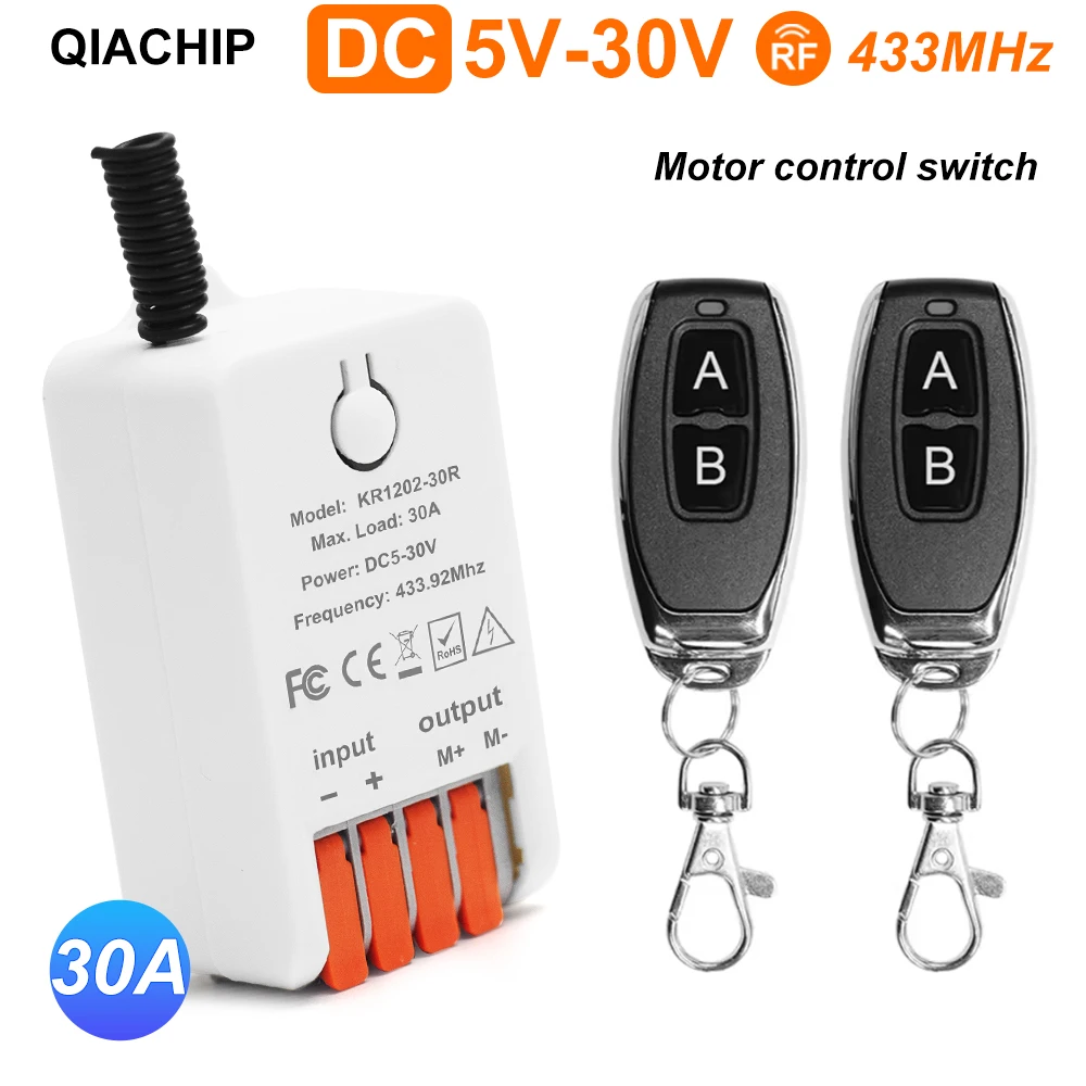 

QIACHIP 30A 433 МГц переключатель двигателя постоянного тока 5 В-30 В KR1202-30R для дистанционного управления двигателем прямого и обратного вращения