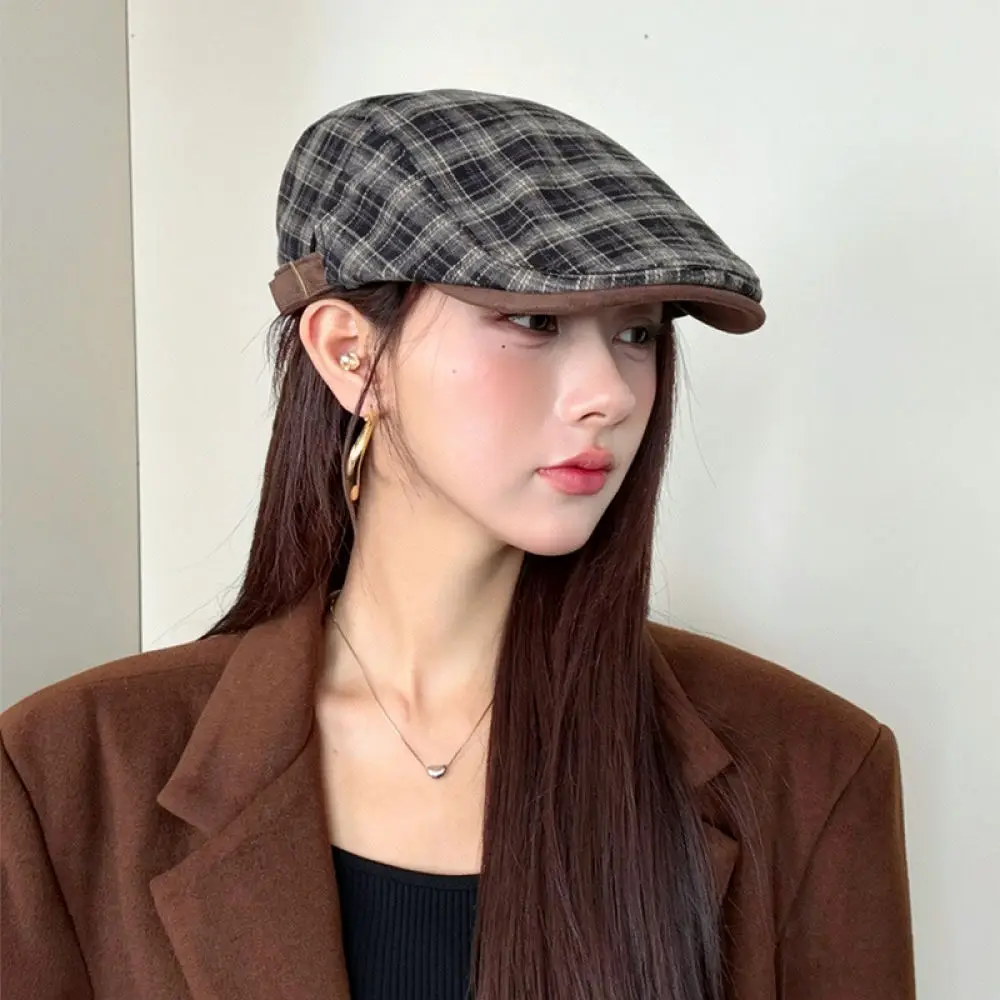 British Style Plaid Newsboy Cap Women Retro Winter Suede Brim Beret Elegant Fashion Adjustable Warm Casual Hat