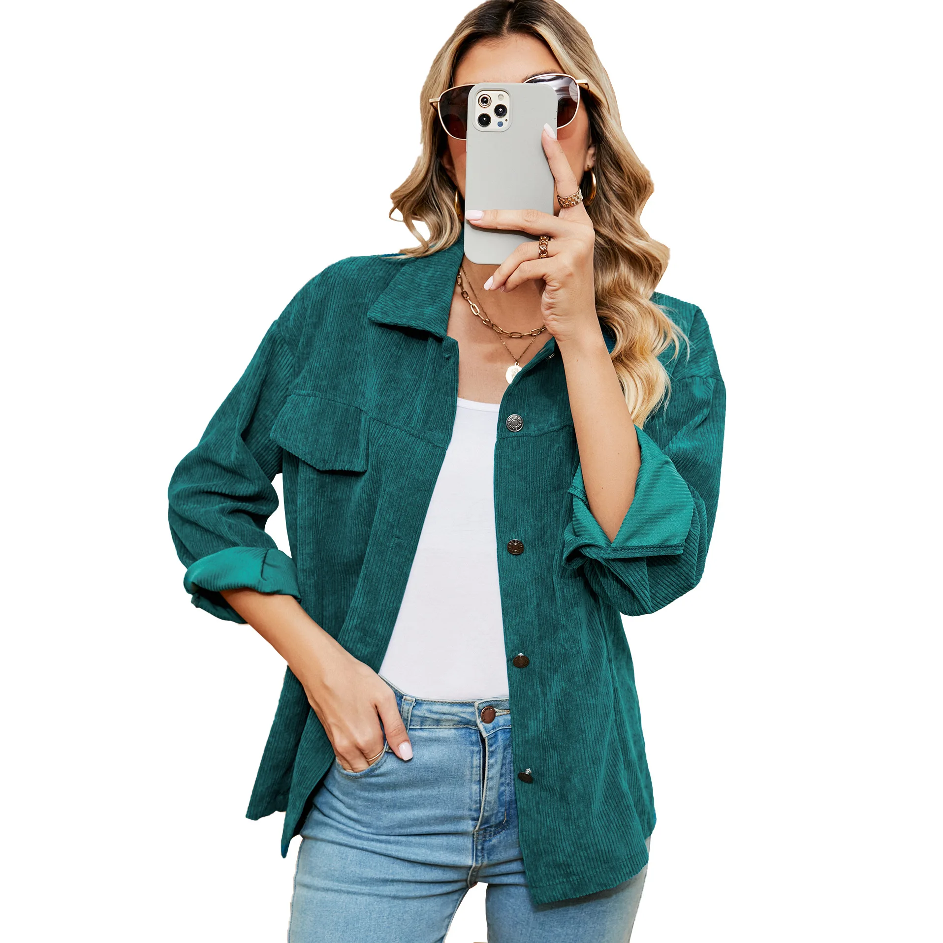 Women Long Sleeve Loose Cardigan Blouse Tops for Autumn Solid Lapel Neck Buttons