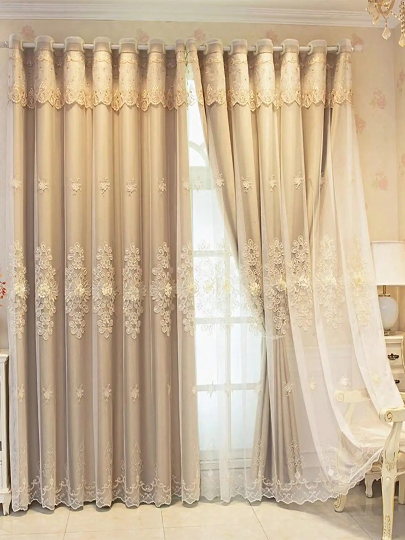 New embroidered curtains, fabric and gauze integrated double-layer bay window, living room, bedroom, pastoral style curtain