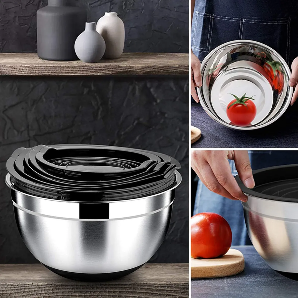 5 Pcs Mixing Bowl Stainless Steel Salad Bowl with Airtight Lid&Non-Slip Base Serving Bowl for Kitchen Cooking Baking Etc