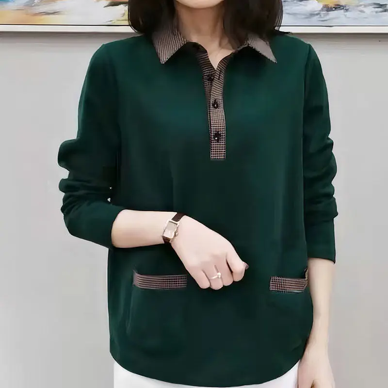 Turn-down Collar Long Sleeve T-Shirts Pullovers Buttons Solid Color Patchwork Plaid Fashion Loose Simplicity Women Clothing XQ36