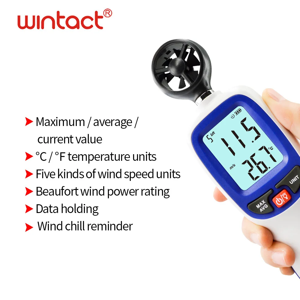 

WINTACT WT82 WT82B Digital Wind Speed Meter Anemometer Air Flow instrument Gauge Temperature LCD Display Auto Tachometer Tools