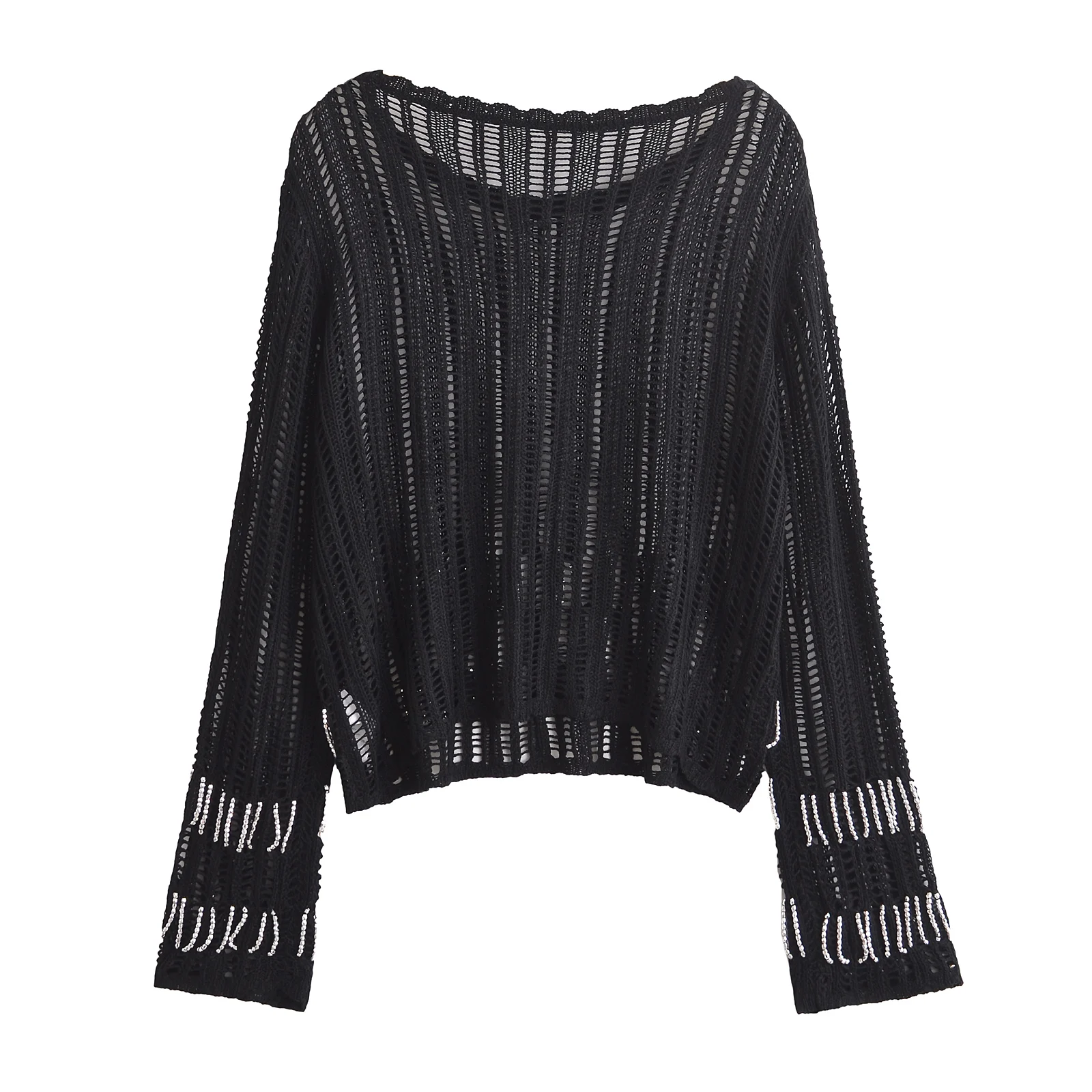 TRAF Hollow See-Through Sexy Knitted Sweater Autumn Genderless Nightclub Elastic Loose Versatile Long-Sleeved Sweater 4813808