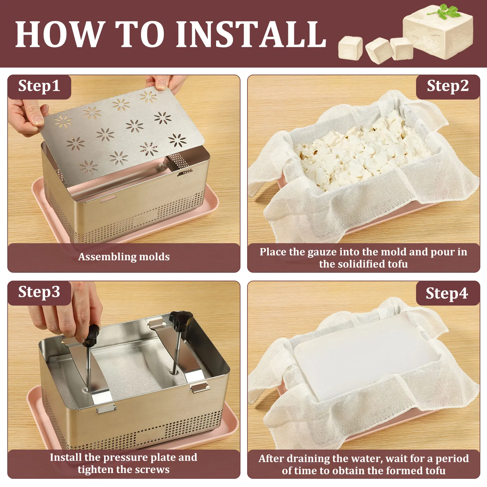 Tofu Press Mould 304 Stainless Steel Cheese Making Molds Homemade Tofu Mold Set with Trays Filter Cloth for Kitchen Accessories view 4