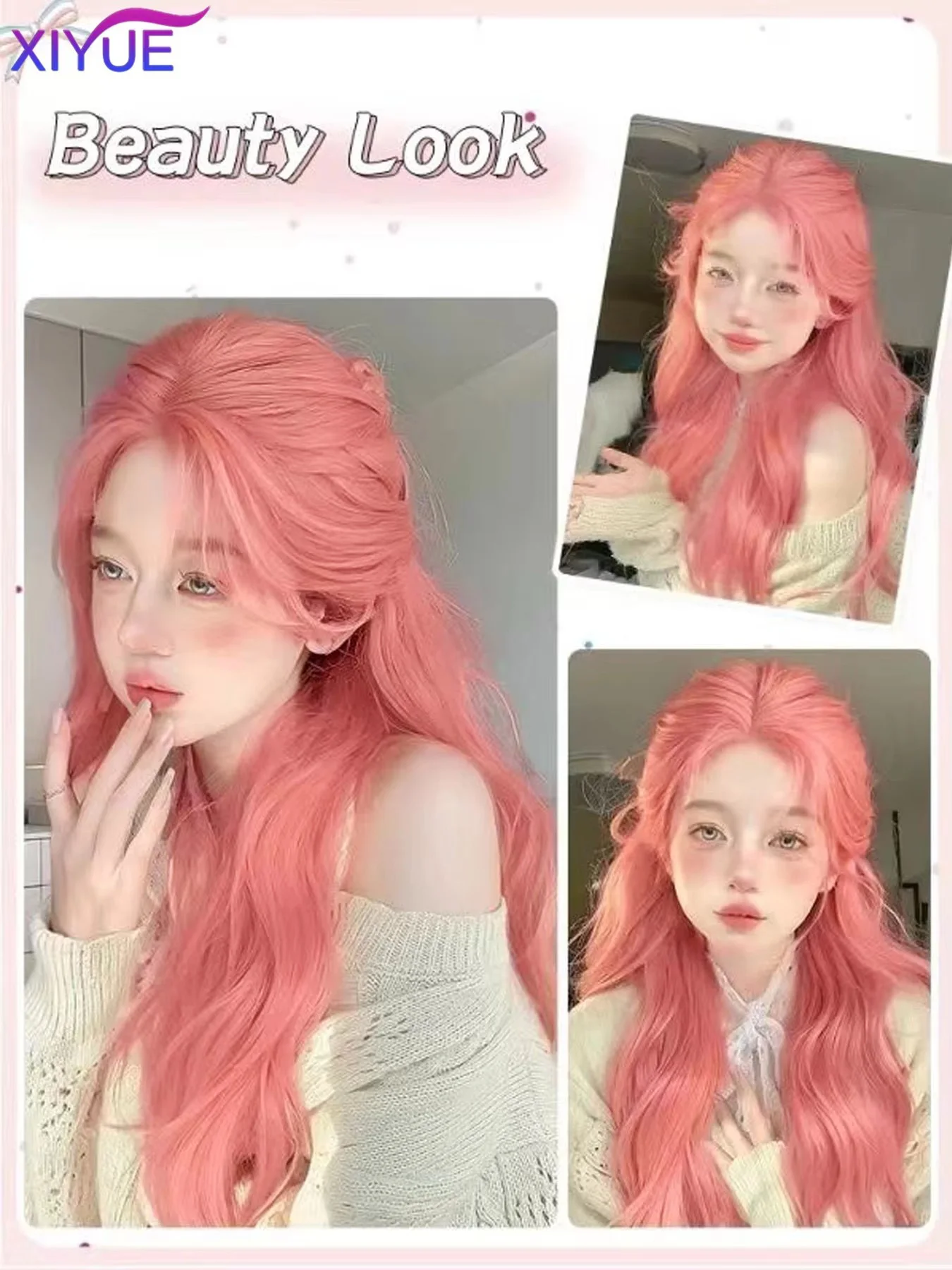 XIYUE 오렌지 핑크 가발 긴 웨이브 합성 가발 중간 부분 자연 웨이브 가발 내열성 코스프레 파티 데일리 헤어 가발