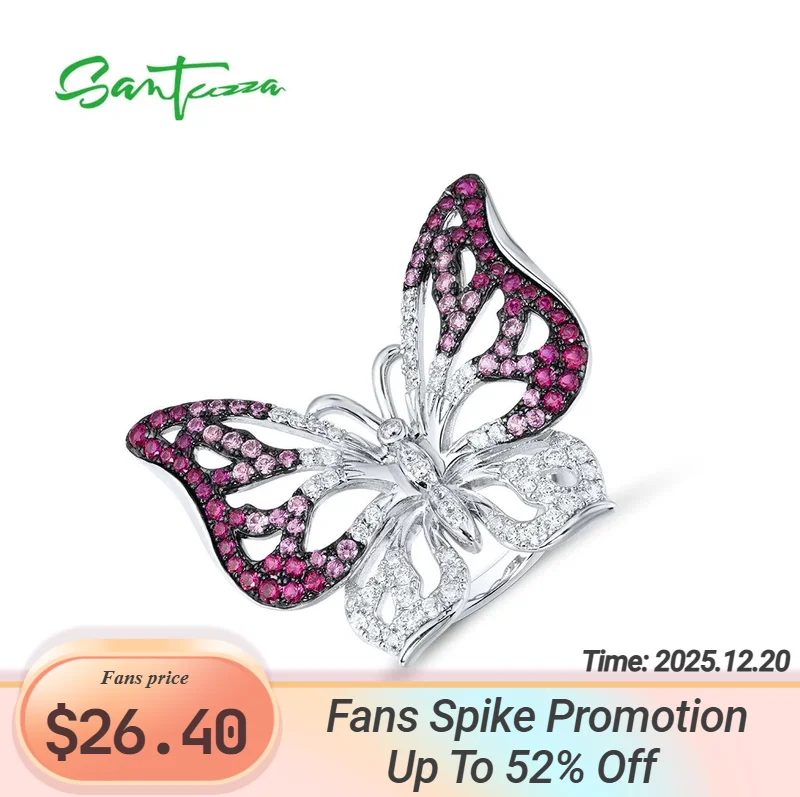 

SANTUZZA Silver Ring For Women Genuine 925 Sterling Silver Sparkling Red Stones White CZ Butterfly Ring Stunning Fine Jewelry