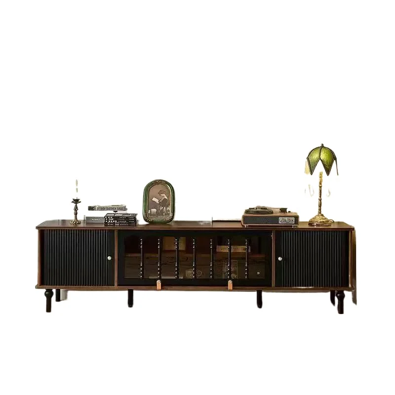 

French retro medieval red oak solid wood TV cabinet, coffee table combination, living room storage small apartment furniture