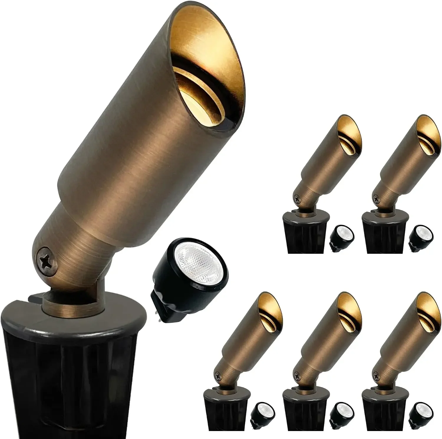 6 Pack Mini Size Brass Landscape Spotlight, Low Voltage 12V AC/DC Outdoor Directional Up Light, 180 LM, 3W MR8 LED Bulb ABS Grou